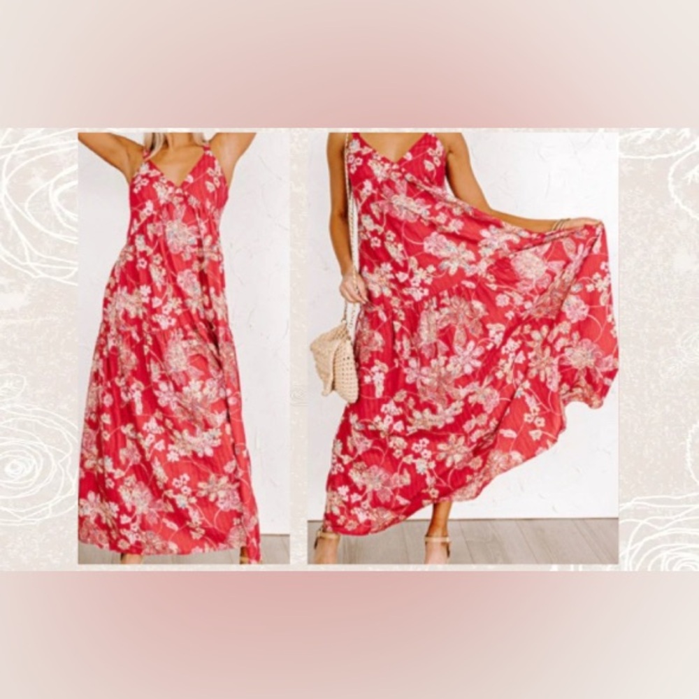 Red floral print maxi sundress - Size Small (boutique brand)